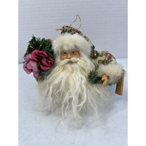 TJ Collection Santa Claus Ornament Handcrafted Tapestry Faux Fur Pink Roses